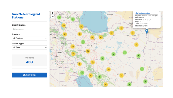 نقشه فراوانی ایستگاه های هواشناسی ایران